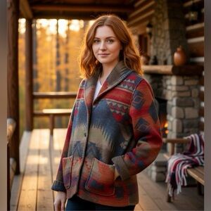 VINTAGE SOUTHWESTERN TERRITORY AHEAD BARN CHORE AZTEC PEA-COAT WOOL JACKET SZ LG